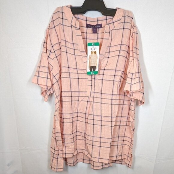 NWT Gloria Vanderbilt Women V-Neck Short Sleeves Plaid Blouse Coral Pink size XL - Picture 3 of 6